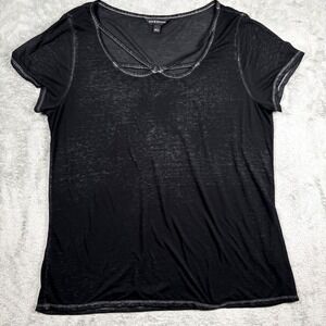 Burnout Sheer Top Women's L Black Cutout V Neck Short Sleeve Tee Goth Witchy